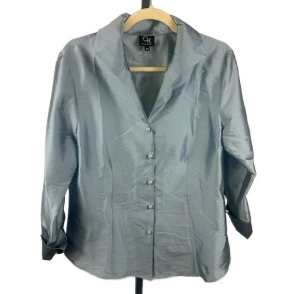 CR Connie Roberson Women's Size Medium Gray Button Collared Blouse Top Poly Silk